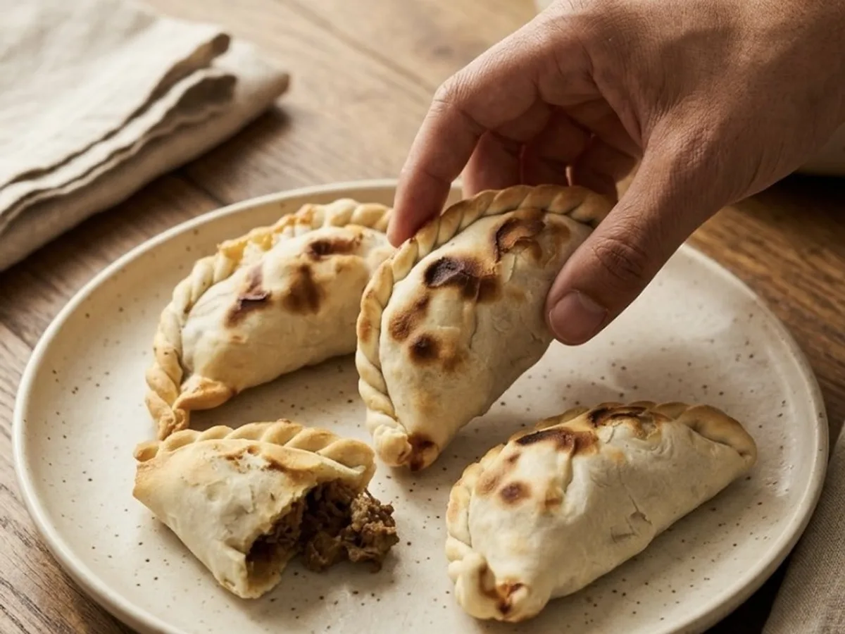 Plato con empanadas de carne recién horneadas, una abierta al medio.